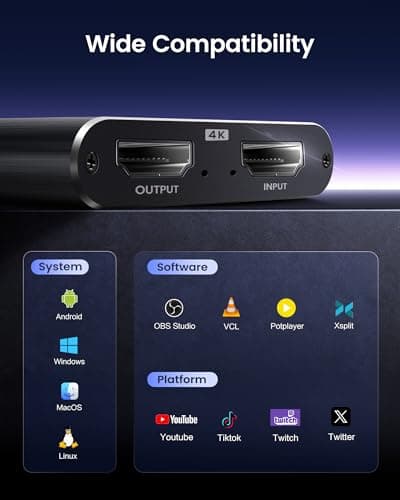 4K HDMI Capture Card for Streaming, 1080P 60FPS USB 3.0/Type-C Game Video Capture Card with 4K HDMI Loop-Out, Includes 2pcs HDMI Cables & USB Cable, Works for PS5/PS4/Switch/Xbox/PC/Camera/OBS (Black) - Thumbnail 6