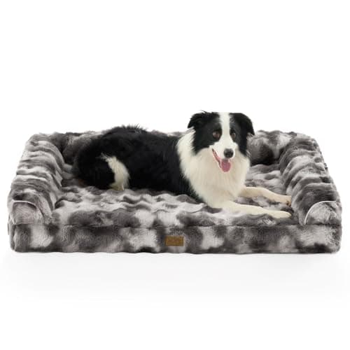 Faux Fur Orthopedic Dog Bed, Extra Large Dog Bed, Supportive Foam Pet Sofa with Waterproof Lining Cover, Washable U-Shaped Pet Couch with Anti-Slip Bottom Design, Tie-dye Grey XXL 48x32x8 inch