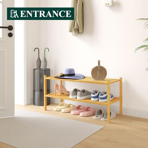 Smiry Bamboo Shoe Rack, 2 Tier Shoe Organizer for Entryway & Closet, Stackable Free Standing Storage Shelf for Shoes, Bags & Plants, Natural - Thumbnail 6