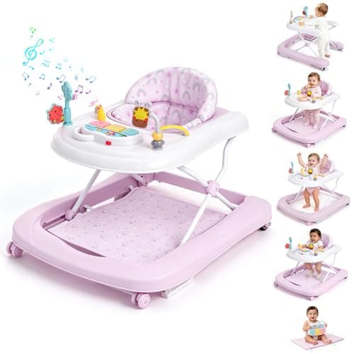 Baby Walker with Wheels, 5-in-1 Foldable Push Walker for Baby Girls 6-12 Months, Baby Walker & Bouncer Combo, Adjustable Height, Music Light Infant Activity Center Bouncer Walker(Pink)