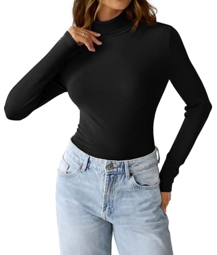 GKBK Womens Long Sleeve Shirts Mock Turtleneck Turtle Neck Fall Fashion Basic Thermal Underwear Layer Tops Tight Slim Fit Cute Ribbed T-Shirts Winter Pullover Clothes 2025 Black M - Thumbnail 5