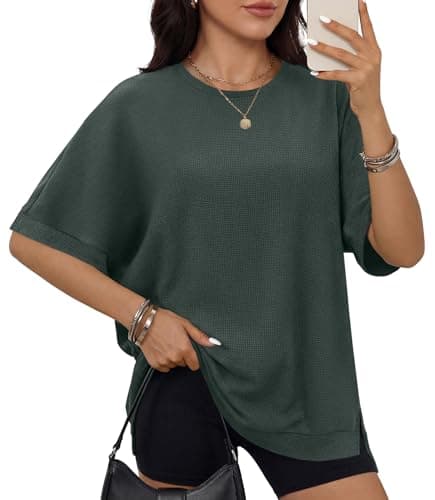 ANRABESS Women Oversized Waffle Knit T-Shirts Summer Casual Short Sleeve Tunic Tops Side Spilt Tee Shirts 2026 Trendy Clothes Army Green Small - Image 1