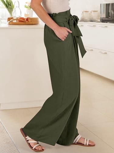 ANRABESS Womens Wide Leg Palazzo Pants Belted High Waisted Business Casual Flowy Long Trousers with Pockets Army Green XX-Large - Thumbnail 4