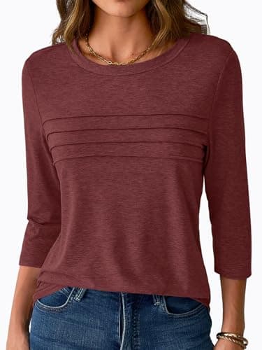 NORACORA Womens 3/4 Sleeve Tops Spring Summer Round Neck Dressy Shirts Tunic Pleated Tees Business Casual T-Shirts Fall Goning Out Outfits Wine Red L - Thumbnail 2