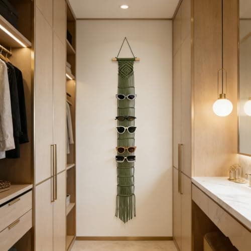W Wellshine Macrame Sunglasses Holder Boho Wall Hanging Minimalist Eyewear Organizer Wall Sunglasses Rack Sunglasses Display (Sage Green) - Thumbnail 6