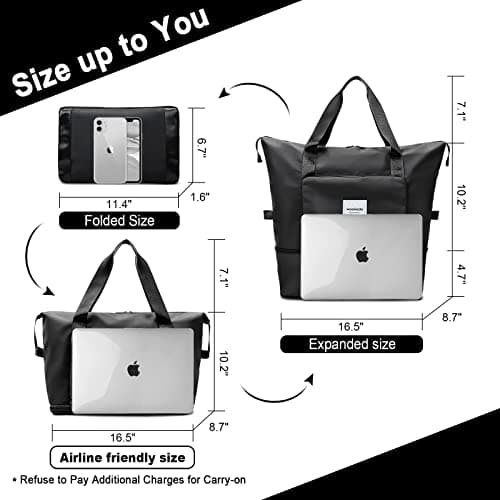 WOOMADA Foldable Travel Duffel, Weekender Bag with Expandable Space, Carry-On for Airplanes, Gym Bag for Women, Lightweight (Black) - Thumbnail 2
