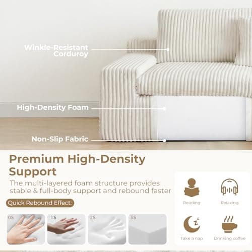 HipyMo 105" L-Shaped Boneless Cloud Couch, Modular Sectional Sofa with Ottoman and Extra-Wide Armrests, Deep Seat Sectional Couches for Living Room, High-Density Foam, No Assembly Required, Beige - Thumbnail 4