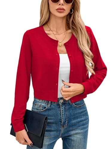 Heymoments Women Cropped Cardigan Bolero Shrug Red XX-Large Button Down Long Sleeve Crewneck Casual Business Ladies Open Front Knit Lightweight Coat Fall Tops Sweater for Dresses Jean - Image 1