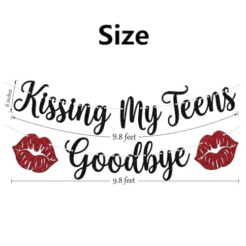 Black Glitter Kissing My Teens Goodbye Banner with Red Lips - Happy 20th Birthday Decorations for Girls Boys, Hello 20 Twenties Party Supplies, Funeral for My Youth Farewell 19 Photo Booth Backdrop - Thumbnail 2