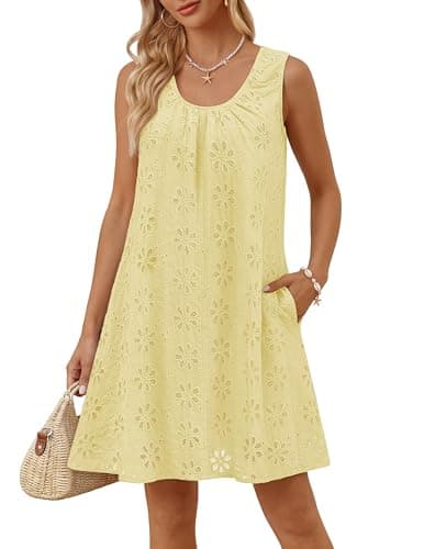 MEROKEETY Women's Summer Eyelet Hollow Out Sundress 2026 Sleeveless Swing A Line Boho Beach Vacation Mini Short Dresses, Yellow, M - Image 1