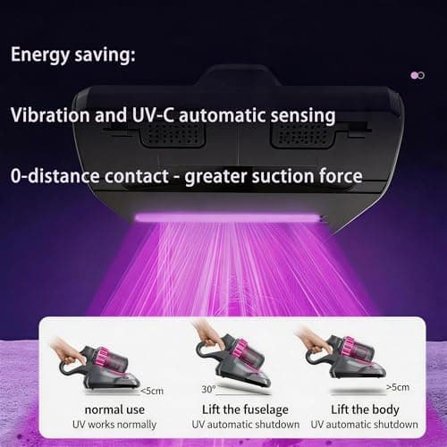 AMZAREA Mattress Vacuum Cleaner Cordless: 16Kpa Bed Vacuum Cleaner with 253.7nm UV-C Light 8000/min Pat Triple Filtration Portable Vacuums for Sofa Bed (BLACK01) - Thumbnail 5