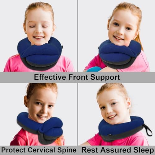 BUYUE Kids Travel Pillows for Airplane, 360° Head Support Sleeping Essentials for Boys Long Flight, Skin-Friendly Soft Neck Pillow for Traveling in Car Seat, (Small, Blue Grey, 40-90 lbs) - Thumbnail 2