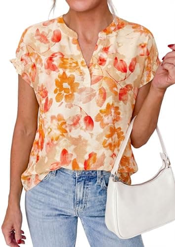 PRETTYGARDEN Womens Floral Print Short Sleeve Summer Tops 2026 Trendy V Neck Loose Boho Shirts Casual Work Blouses (Orange,Large) - Image 1