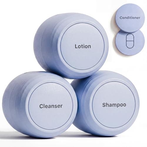 Trimcoo New Travel Toiletry Containers [Ultra Leakproof] TSA-Approved, PLA Hard Shell Jars with 5 Magnetic Labels, Wide Mouth Bottles for Lotion, Cleanser, Shampoo, Conditioner, Blue, 3 Pack, 1OZ - Image 1