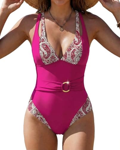 SHESHOW Bathing Suit for Women One Piece Tummy Control Swimsuit Color Block Ring Linked Swimwear Beachwear Purple M - Image 1
