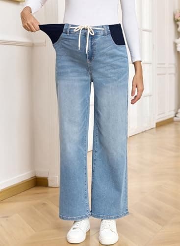 BLENCOT Women's Maternity Jeans High Waisted Stretchy Straight Leg Baggy Drawstring Denim Work Pants Mist Blue X-Large - Thumbnail 3