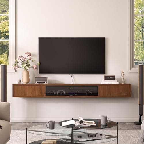 FurniNova 94" Extra Long Floating TV Stand for 75 85 98 100 inch TV,Premium Plywood Wall Mounted Entertainment Center,Luxury PET High Gloss Media Console,Walnut - Image 1