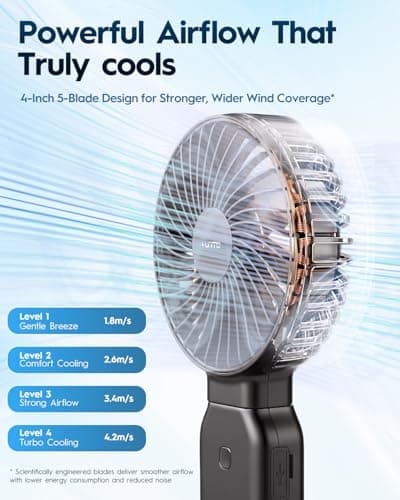 Funme Portable Handheld Fan, 53H Max Cooling Time Travel Fan, 10000mAh Personal Fan with Power Bank, 4 Speeds Rechargeable Fan, Handheld/Foldable 180° Design for Desk/Travel/Office/Outdoor - Black - Thumbnail 4