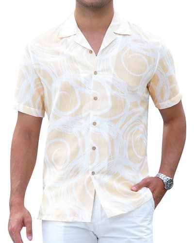 Damipow Linen Shirts for Men Hawaiian Shirt Short Sleeve Button Down Beach Vacation Shirt,Khaki,2XL - Image 1