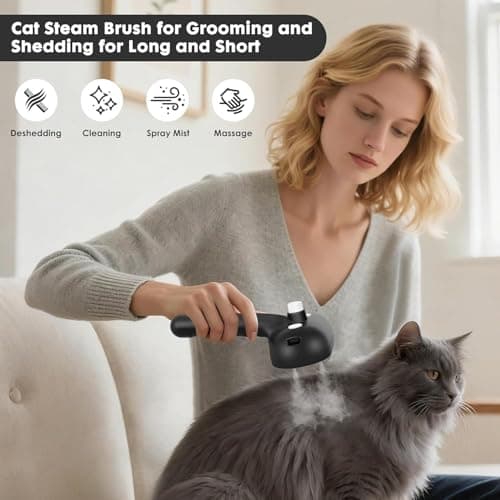 Cat Steam Brush for Grooming and Shedding for Long and Short Hair Pets Deshedding and Hair Removal tool for Dogs & Cats Self Cleaning 4 in 1 Massaging Pet Spray Spritz Defur Comb - Thumbnail 2