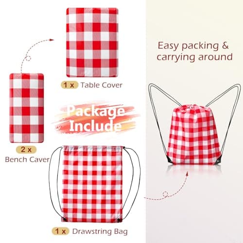 Nimalpal Picnic Table Cover with Bench Covers and Bag, Camping Essentials Camping Table Cover with Elastic Edges, 72x30 Inches 3 Pcs Set (Red) - Thumbnail 3