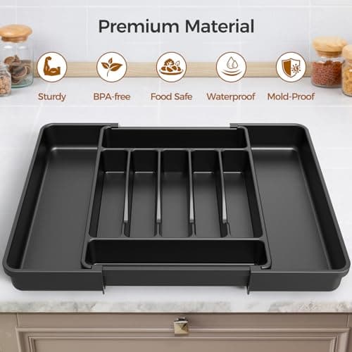 ukeetap Extra Large Expandable Silverware Organizer, BPA-Free Food-Safe Cutlery Flatware Organizer, Kitchen Utensil Drawer Organizer, Adjustable Silverware Holder for Spoons Forks Knives, Black - Thumbnail 4