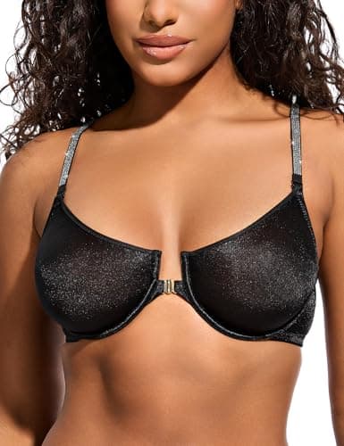 Wingslove Women's Front Closure Underwire Bra Sexy Plunge Mesh Unlined Satin Lace Bra with Removable Shining Straps (Black,34B) - Image 1