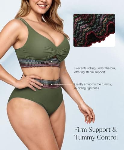 Popilush High Waisted Bikini Sets for Women Tummy Control Swimsuits Shapewear Two Piece Boho Bathing Suit 4 Way Wear Beach and Pool Size XS Color Green - Thumbnail 4