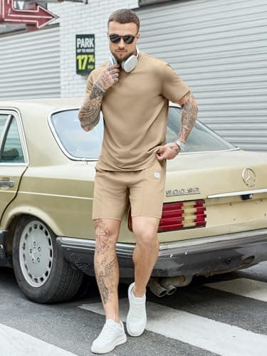 JEMLDL Mens 2 Piece Summer Outfits Short Sleeve Shirt and Shorts Loungewear Sets Casual Comfortable Travel Tracksuit Taupe M - Thumbnail 6