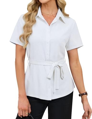 Blooming Jelly Womens Button Down Shirt Collared Bow Belt Short Sleeve Business Causal Tops Summer 2026 Fashion Trendy Dressy Elegant Work Blouse (X-Large, White) - Image 1