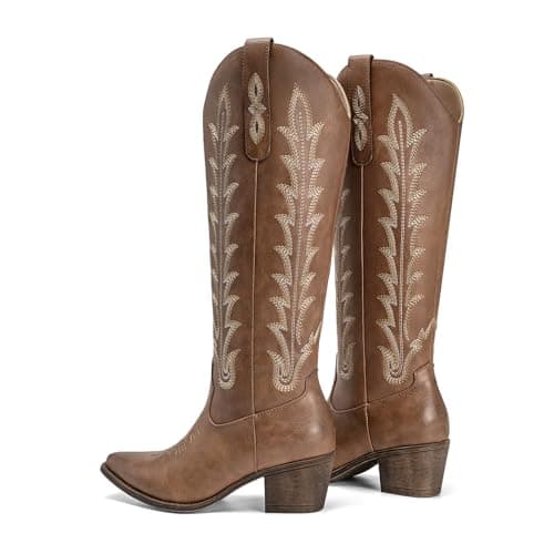 Athlefit Brown Cowboy Boots for Women Cowgirl Western Knee High Comfortable Pull On Block Heel Pointed Toe Dancing Fall Long Boots with Embroidery Brown Size 9 - Thumbnail 6