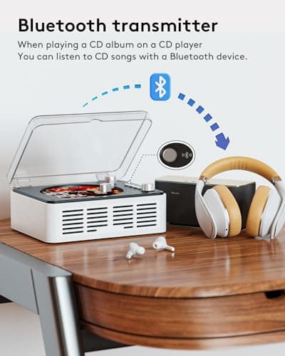 CARONSORT CD Player with Bluetooth Transmitter, Nostalgic Retro Wood Music Player, Built-in Speakers-Bass Boost, FM Radio for Home/Wired&Remote Control-White - Thumbnail 3