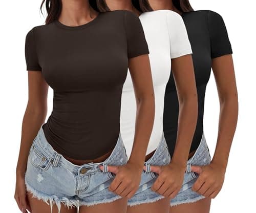 ANRABESS Women’s 3 Pack Short Sleeve Shirts 2026 Crop Tops Tight Fitted Basic Tees Workout T Shirts Y2k Clothes Summer Outfit Black White Deep Brown Large - Image 1