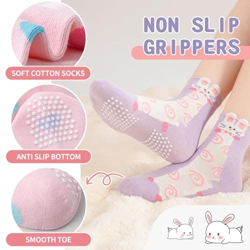 ORVYTHA 12 Pairs Baby Girls Boys Toddlers Kids Grips Socks Non-Slip/Anti-Skid Funny Cartoon Breathable Cotton Crew Socks - Thumbnail 3