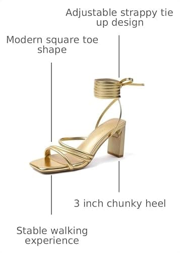 Amoji Women 3 Inch Strap Up Heels Lady Heeled Sandal Ankle Strappy Wedding Party Dressing Dress Shoes 331 Gold Heels Size 7 women - Thumbnail 3