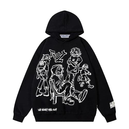 Aelfric Eden Mens Graphic Oversized Hoodie Cartoon Character Print Streetwear Casual hoodies y2k Hooded Sweatshirt Black - Image 1