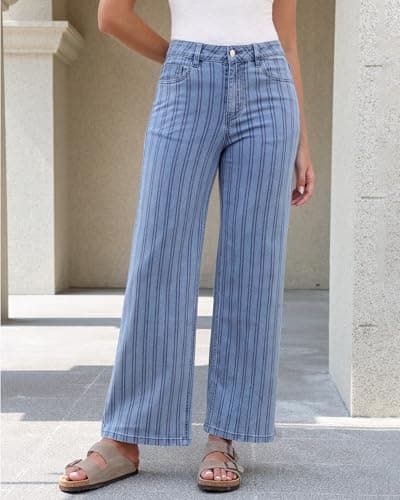 GRAPENT Striped Pants Women Wide Leg Wide Leg Womens Jeans High Waisted Jeans Concert Outfits for Women Womens Casual Pants Trendy for 2025 Women's Plus Size Bay Blue XX-Large Size 20 to 22 - Thumbnail 2