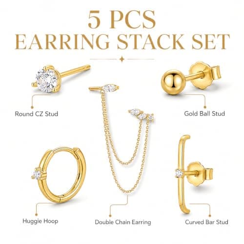 A Lots MiLi 5 Pcs Gold Earring Stack Set for Women - Cartilage Earrings with Flat Back Studs, Huggie Hoop and Dangle Chain Earrings, Stackable Helix Tragus Conch Piercing Jewelry - Thumbnail 2