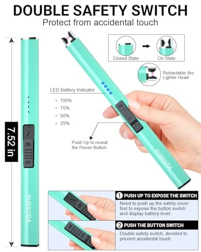 FUKKUDA Electric Candle Lighter with Safety Switch - USB Rechargeable Windproof & Flameless Plasma Arc Lighter for Easter Basket Stuffers (Tiffany Blue) - Thumbnail 5