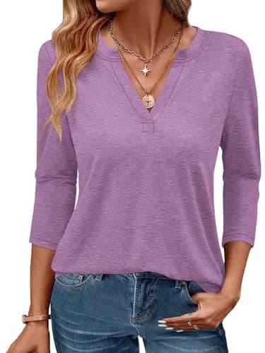 Womens Tops 3/4 Sleeve V Neck Spring Summer Work Tunic Shirts Business Dressy Casual Blouses A- Purple - Image 1
