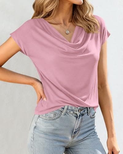 BTFBM Cowl Neck Tops for Women 2026 Summer Womens Tops Dressy Casual Business Blouses Short Sleeve Shirts Spring Outfits(Pink, Small) - Thumbnail 4