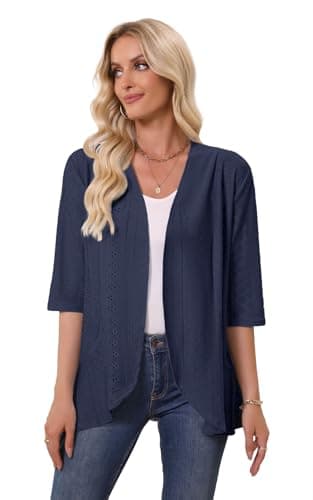 Askyes Women's Open Front Cardigan Plus Size 2026 Summer 3/4 Sleeve Draped Ruffles Eyelet Knit Beach Cardigan,Deep Blue,2XL - Thumbnail 4