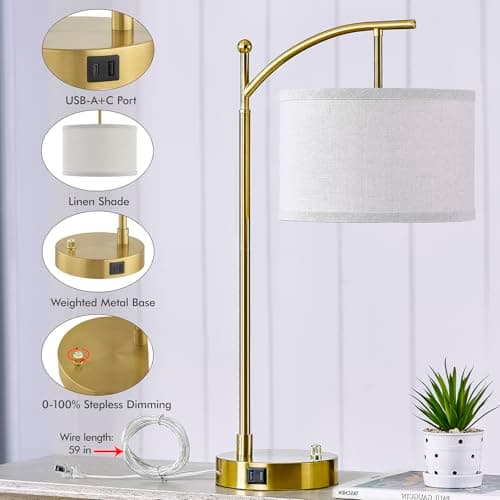Hikczc Table Lamp for Living Room Bedroom, 23.5" Table Lamp with USB C+A Ports, Bedside Lamp for Nightstand with Linen Lamp Shade, Dimmable LED Bulb Included, Gold - Thumbnail 3