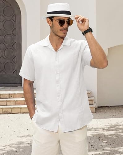 Guayabera Shirts for Men Linen Button Down Short Sleeves Shirt Casual Summer Cuban Vacation Beach Tops - Thumbnail 2