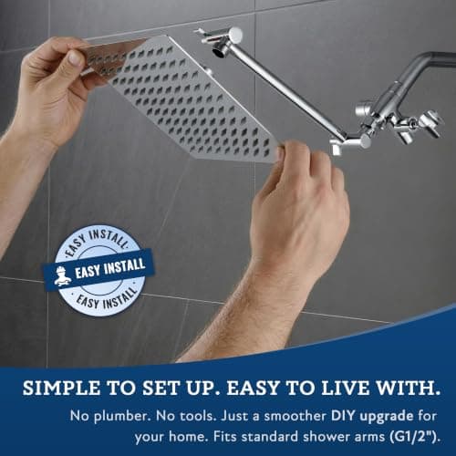 G-Promise All Metal 8 Inch Dual Square Shower Head with Handheld Spray Combo, Rain Shower Head, Adjustable Extension Arm, Smooth 3-Way Diverter, 71 Inch Extra Long Hose - A Bathroom Upgrade (Chrome) - Thumbnail 5