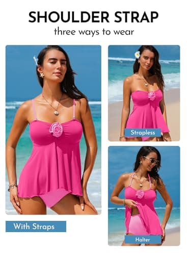 Aleumdr Womens Swimsuits Color Block Tankini for Women Flyaway 3D Flower Bathing Suits Strapless Swim Tops with High Waisted Bottom Hot Pink XX-Large - Thumbnail 5