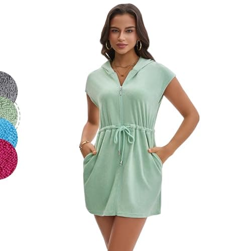 Navisting Terry Cloth Swim Cover Up for Women UPF 50+ Hooded Beach Swimsuits Cotton Robes Cover-up with Zipper Pockets Sun Protection Beach Swimwear Mint Green XL - Image 1