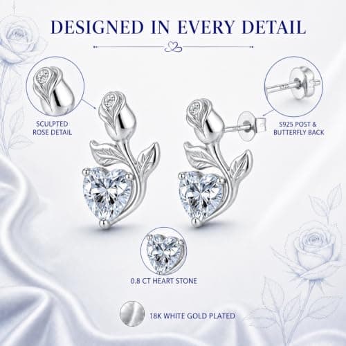 JACUPO 0.8CT Rose Heart Earrings Option of Sapphire Moissanite Stud Earrings Lab-Grown Earrings Birthstone Earrings for Women S925 Sterling Silver Post D Color VVS1 Clarity Ideal Gift for Wife Mother for Birthday Anniversary Mothers Day Gift for Mom Conveying I Love You Message (Apr Moissanite Silver) - Thumbnail 2