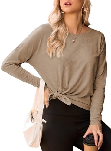 Dokotoo Long Sleeves Tshirts for Women Business Casual Clothes Fall Crew Neck Tops Side Split Summer Tie Knot Basic Pullover Trendy Outfits,Camel Medium - Image 1