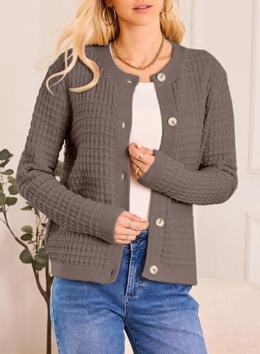 Dokotoo Womens Chocolate Brown Winter Christmas Clothes Cropped Cardigan Long Sleeve Fall Outfits 2026 Open Front Button Down Shirt Jackets Winter Clothing for Women,Coffee Small - Thumbnail 3